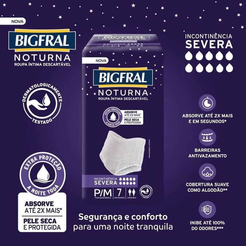 roupa íntima descartável bigfral noturna tamanho p/m 7 unidades