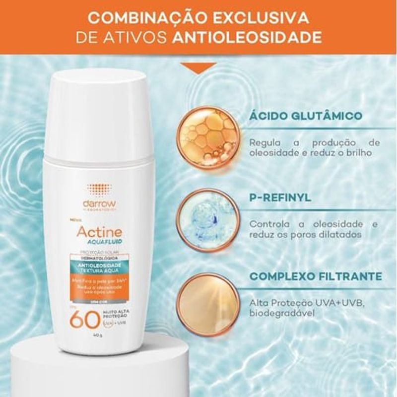 protetor solar facial fluido fps60 darrow actine aquafluid antioleosidade 40g