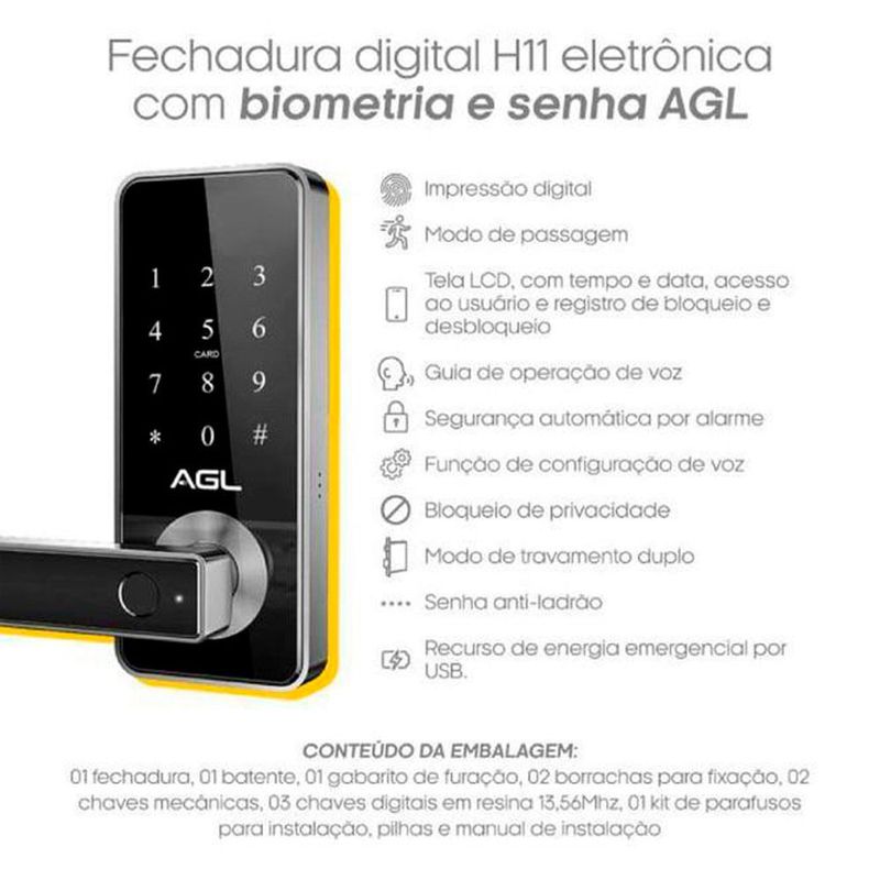 fechadura eletrônica digital agl h11 preto (mp)