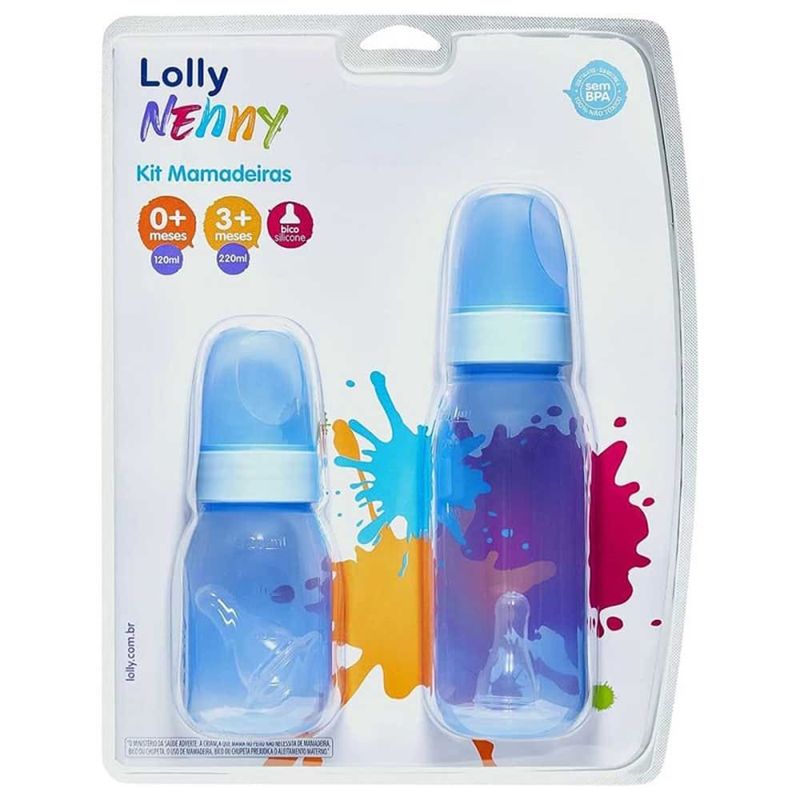 kit de mamadeira lolly nenny clean bico de silicone azul 2 peças