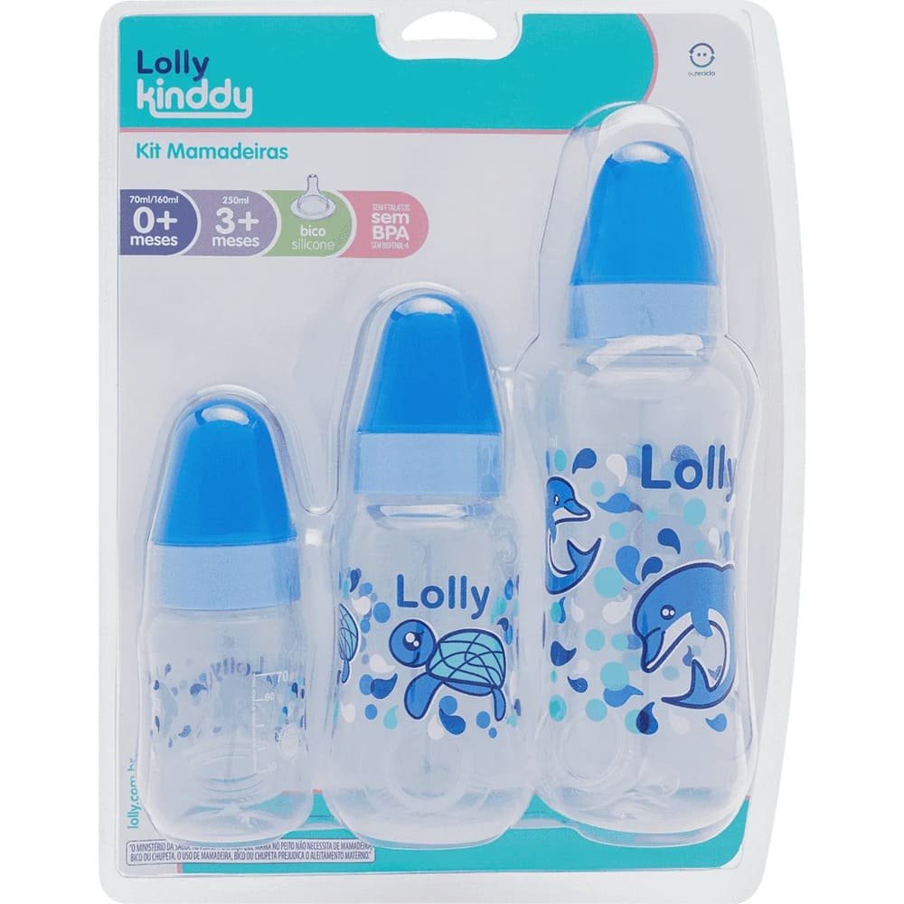 Kit de Mamadeira Lolly Kinddy Oceano Bico de Silicone Azul 3 Peças