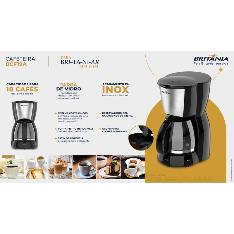 cafeteira britânia bcf19a preta e inox