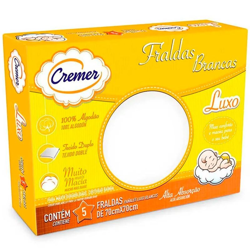 fralda de pano branca cremer luxo 70x70cm 5 unidades