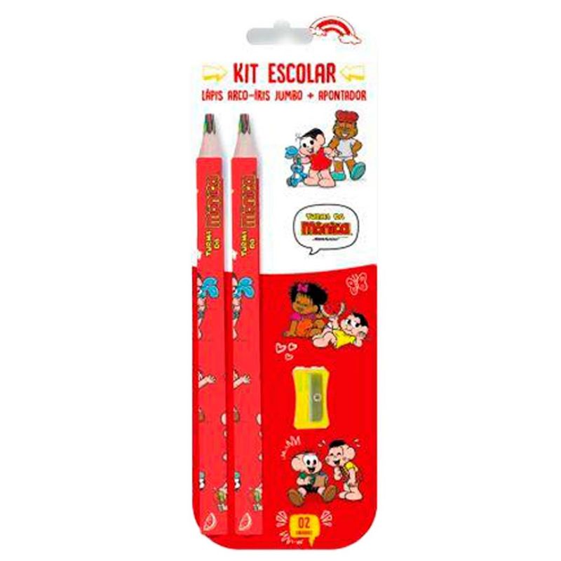 kit escolar 2 lápis e 1 apontador arco-iris jumbo lyke madeira (mp)