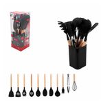 kit utensílios para cozinha 12 peças wellmix cabo madeira preto (mp)