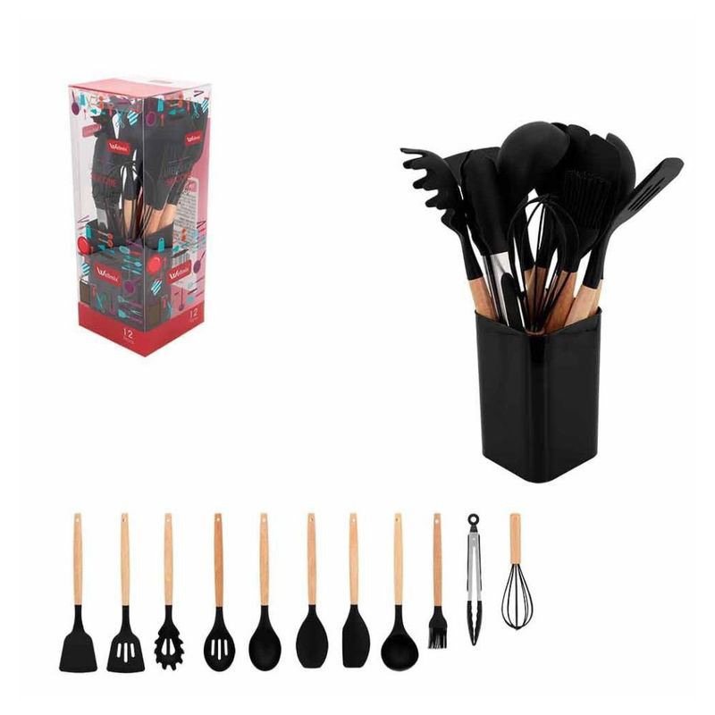 kit utensílios para cozinha 12 peças wellmix cabo madeira preto (mp)