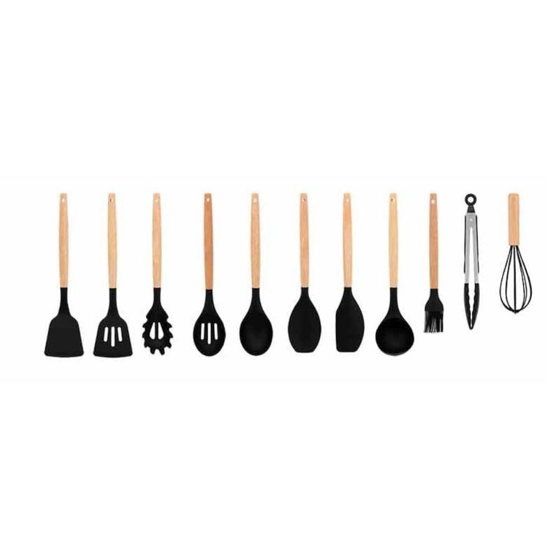 kit utensílios para cozinha 12 peças wellmix cabo madeira preto (mp)