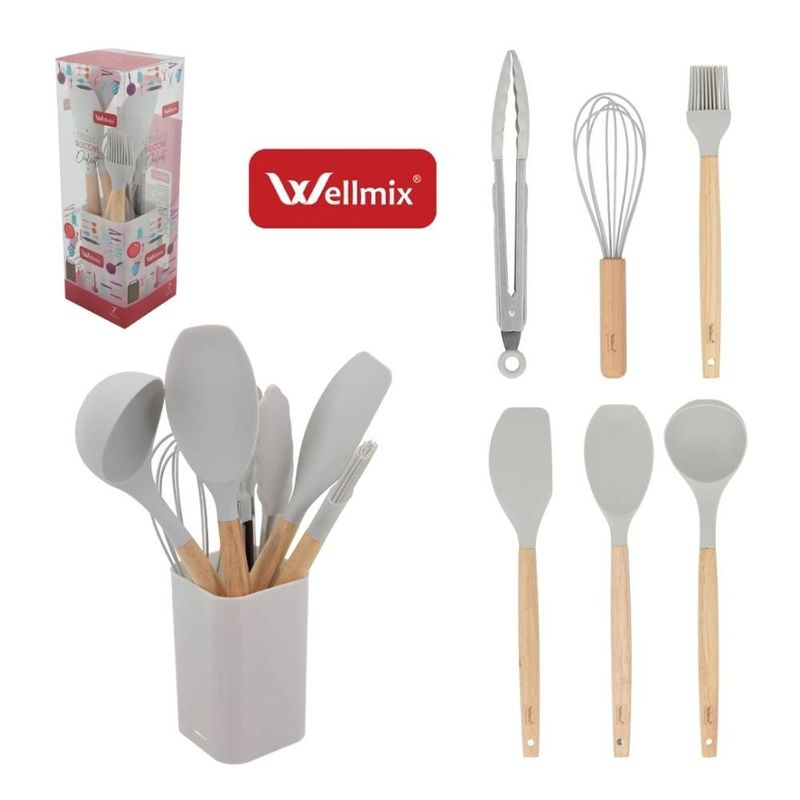 kit utensílios para cozinha 7 peças wellmix dulcet silicone cinza (mp)