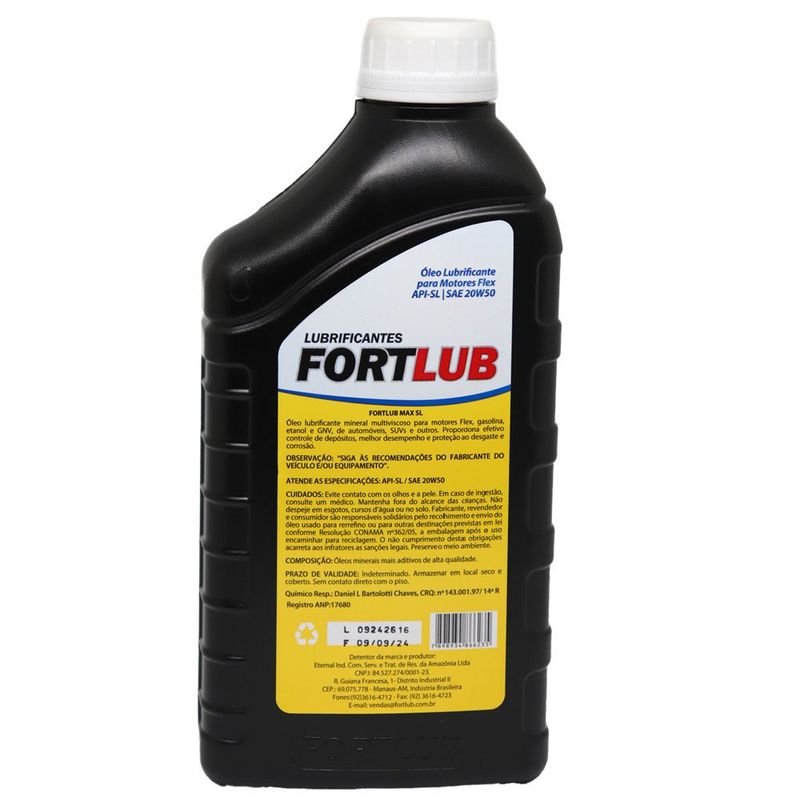 óleo lubrificante fortlub max api sl sae 20w50 1 litro (mp)