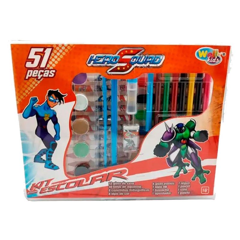 maleta de pintura escolar wellkids hero squad 51 peças (mp)