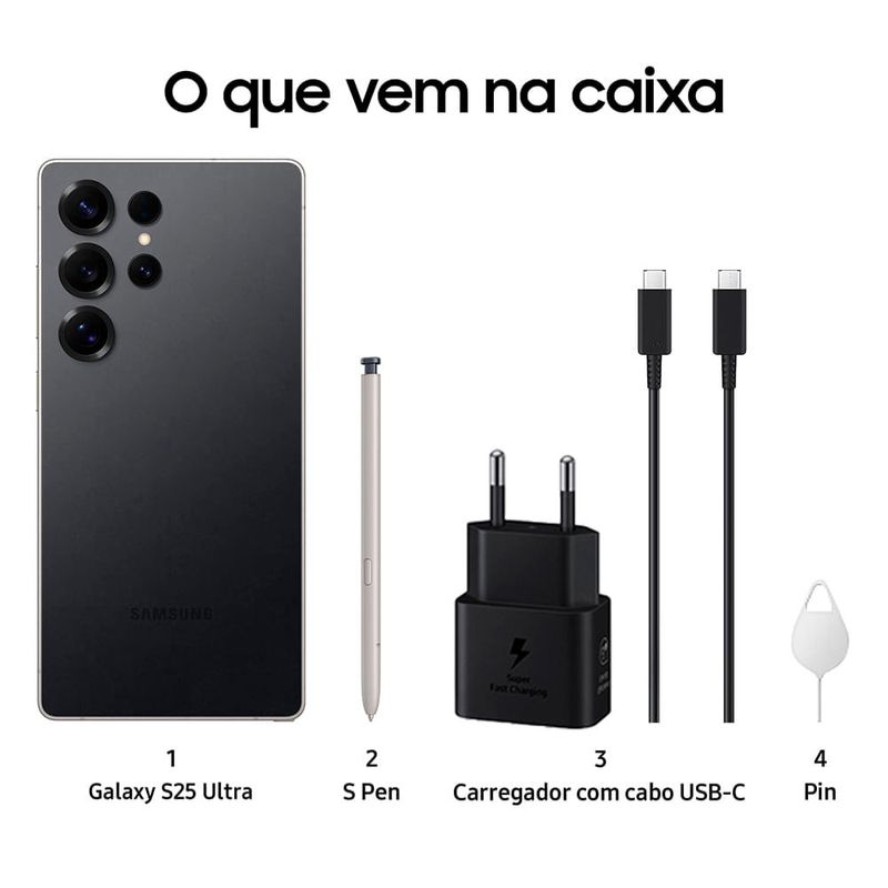 smartphone samsung s25 ultra 5g 512gb titânio preto tela 6.9" câmera 200mp 12gb ram