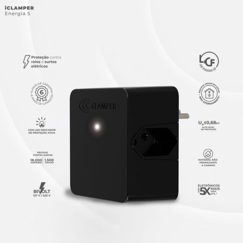 protetor contra surtos dps 3 tomadas 3 pinos clamper 10a bivolt preto (mp)