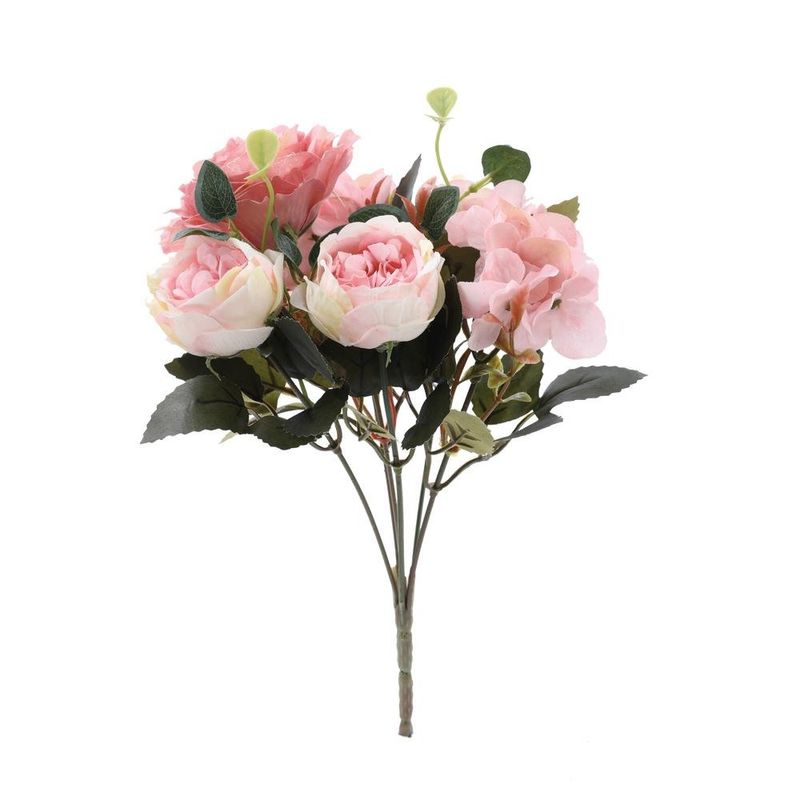 buquê de rosas e hortênsias artificial cromus 28cm rosa 3652 (mp)