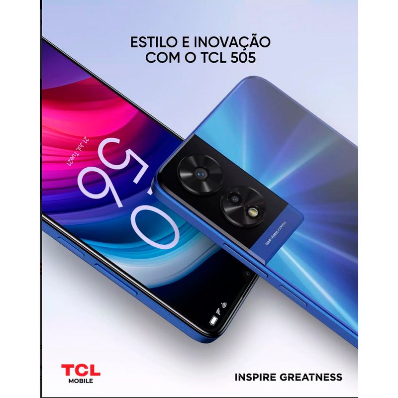 smartphone tcl 505 256gb azul oceano tela 6.75" 90hz câmera 50mp 4gb+4gb ram