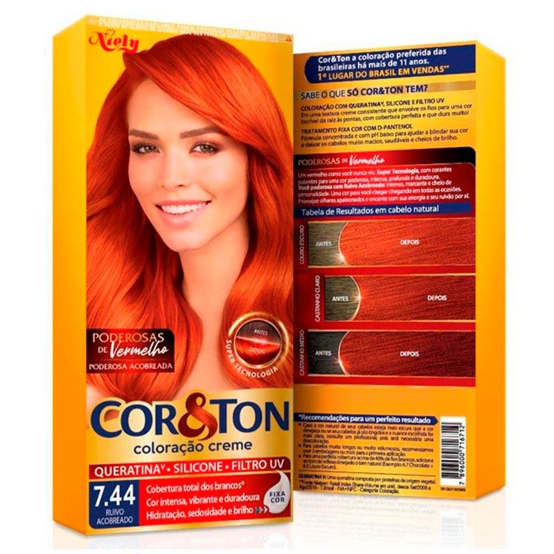 tintura para cabelo cor&ton iluminadas do brasil ruivo acobreado 7.44