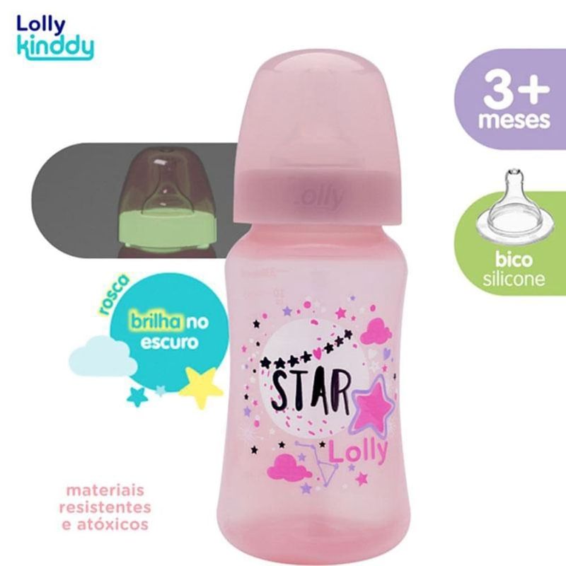 mamadeira lolly kinddy big star 3 + meses rosa 330ml