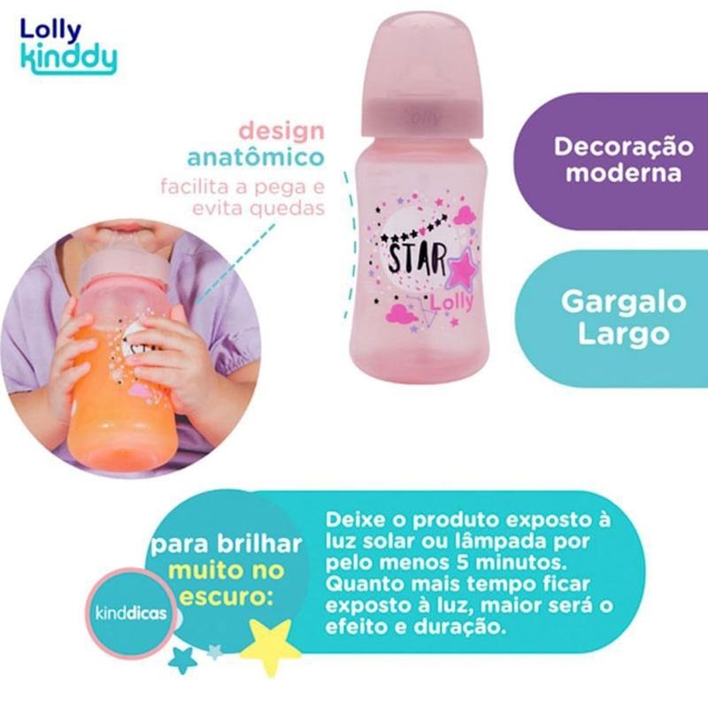 mamadeira lolly kinddy big star 3 + meses rosa 330ml