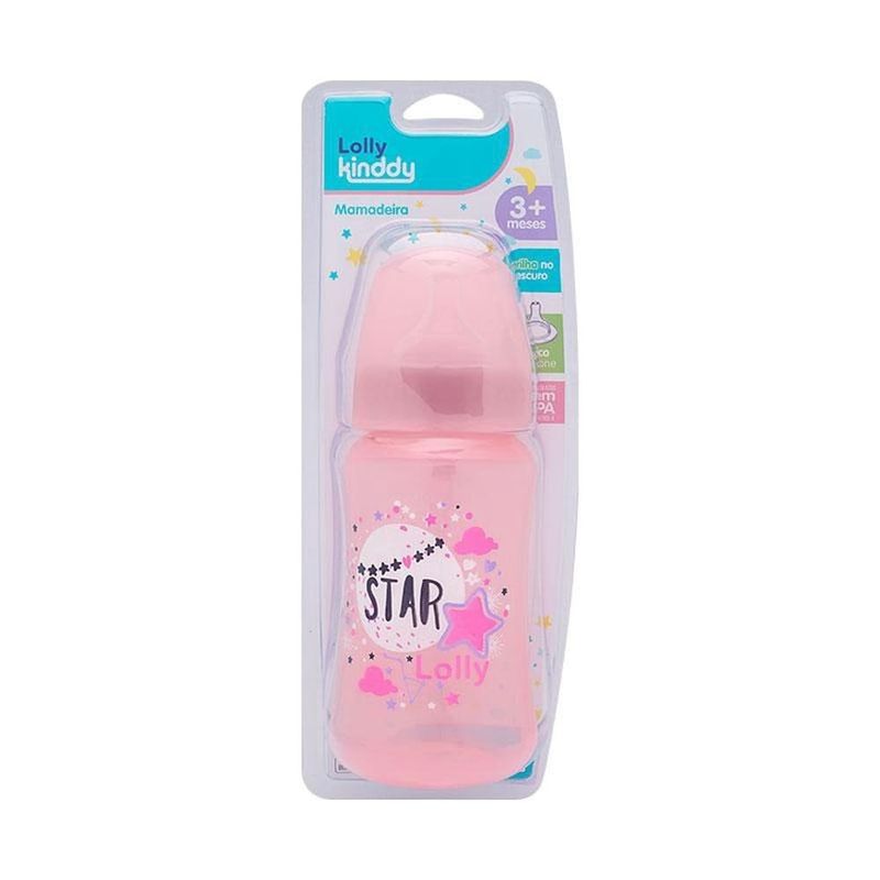 mamadeira lolly kinddy big star 3 + meses rosa 330ml