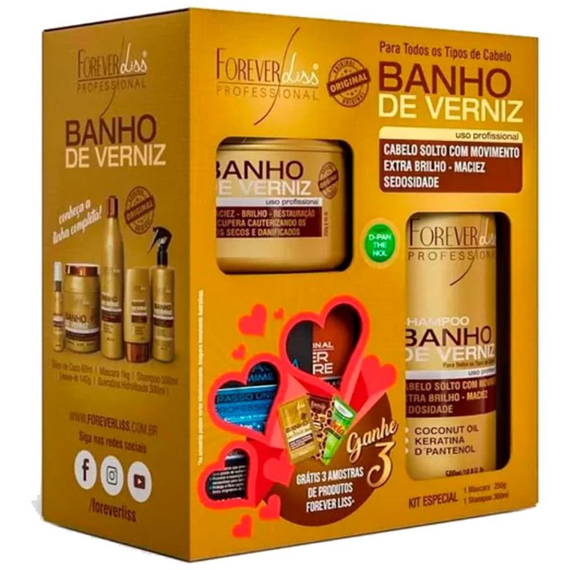 kit shampoo e máscara forever liss banho de verniz 300ml 250g (mp)