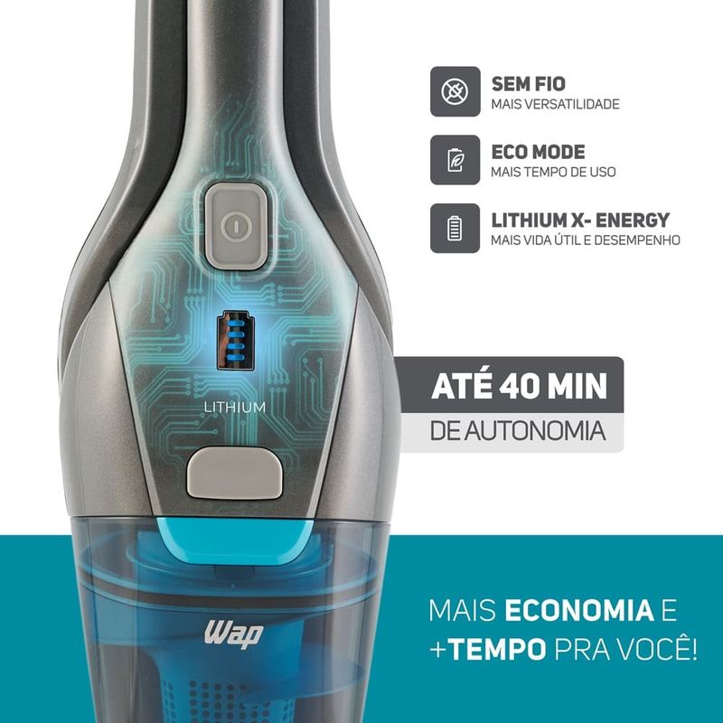 aspirador de pó vertical wap 2 em 1 sem fio eco rápido cinza