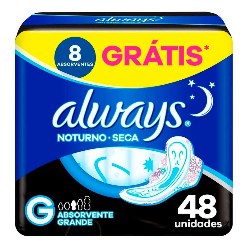absorvente always noturno seca g com abas 48 unidades