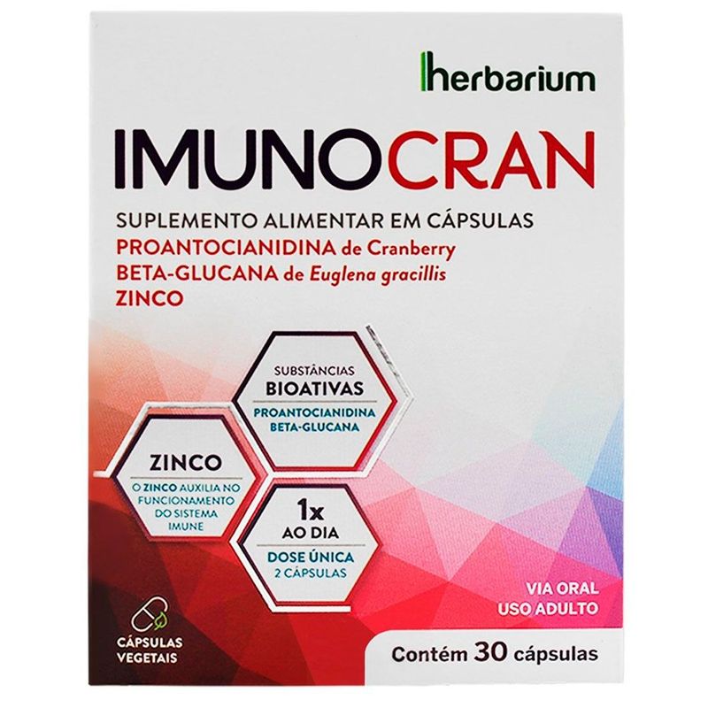 suplemento alimentar imunocran 7,5+200+20mg 30 cápsulas proantocianidina beta-glucana zinco herbarium