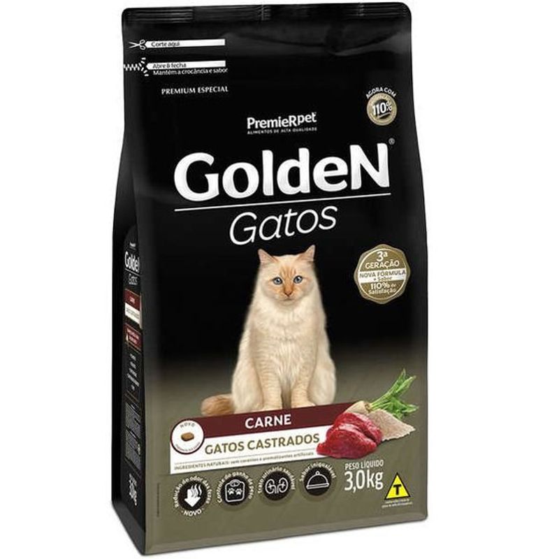 ração para gatos adulto castrado golden fórmula carne 3kg (mp)