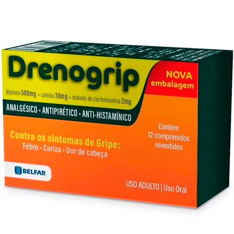 drenogrip 12 comprimidos revestidos dipirona 500mg + cafeína 30mg + maleato de clorfeniramina 2mg belfar