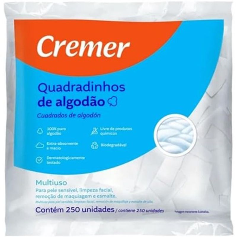 algodão quadradinho cremer 250 unidades