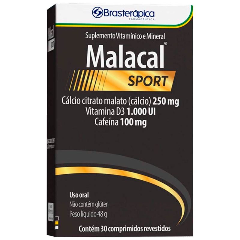 malacal sport cálcio citrato malato 250mg vitamina d3 1.000ui cafeína 100mg 30 comprimidos revestidos brasterápica