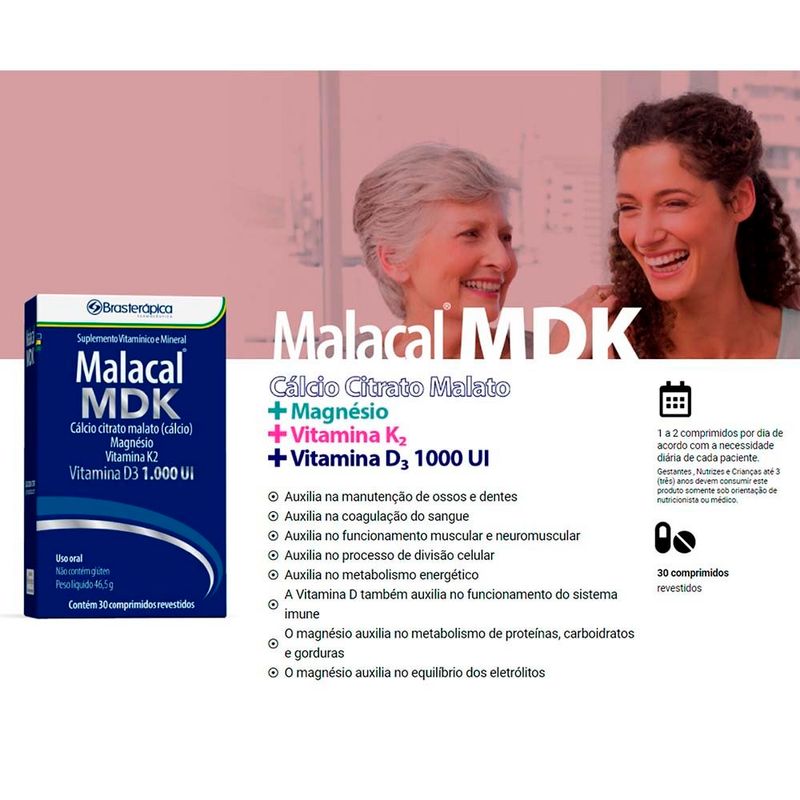 malacal mdk cálcio citrato malato magnésio vitamina k2 d3 1.000ui 30 comprimidos revestidos brasterápica