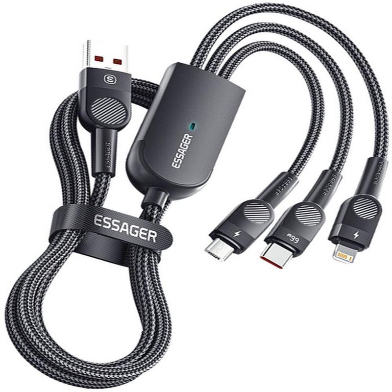 cabo 3 em 1 usb para usb-c essager lightning micro-usb1 2 metros 66w excmtl-xj01 preto (mp)