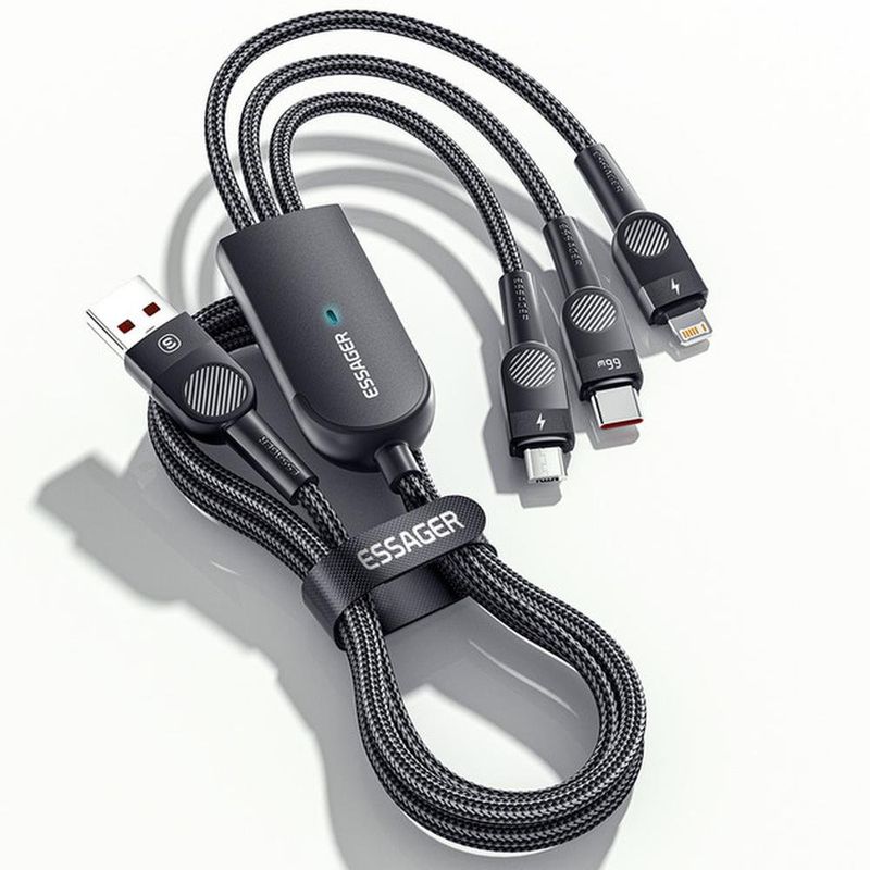 cabo 3 em 1 usb para usb-c essager lightning micro-usb1 2 metros 66w excmtl-xj01 preto (mp)