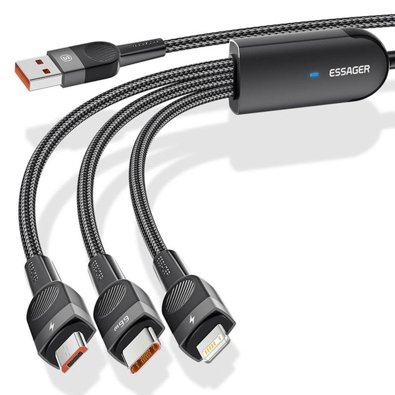 cabo 3 em 1 usb para usb-c essager lightning micro-usb1 2 metros 66w excmtl-xj01 preto (mp)