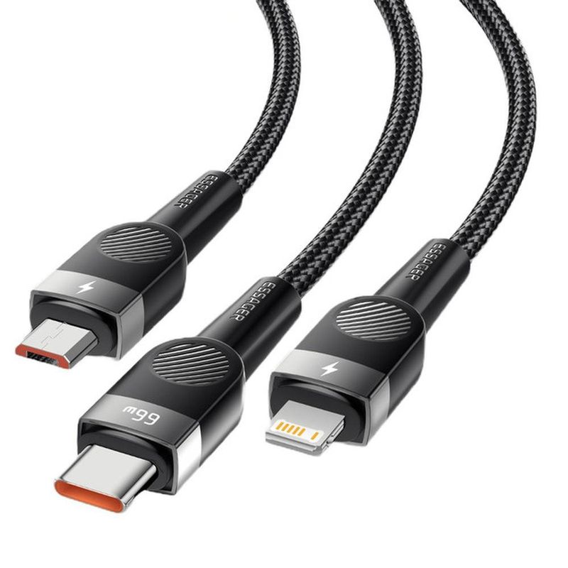 cabo 3 em 1 usb para usb-c essager lightning micro-usb1 2 metros 66w excmtl-xj01 preto (mp)