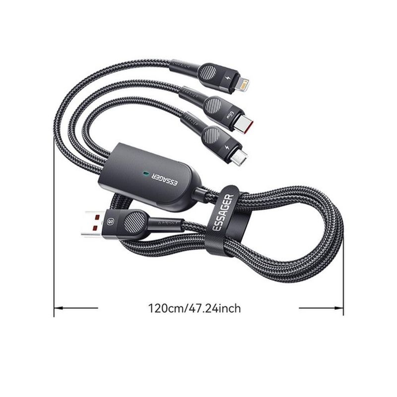 cabo 3 em 1 usb para usb-c essager lightning micro-usb1 2 metros 66w excmtl-xj01 preto (mp)