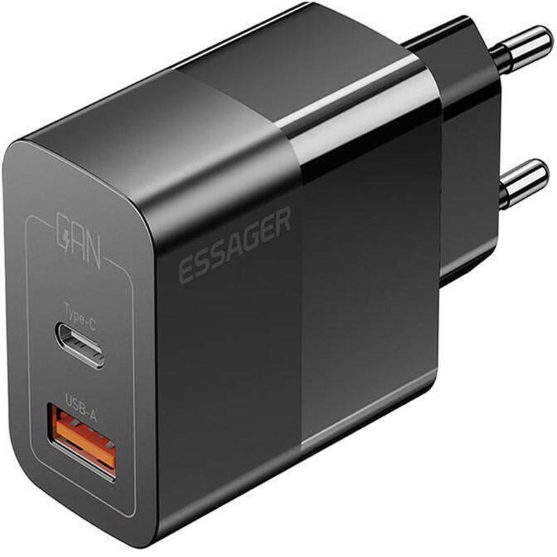 carregador de viagem essager 33w 2 em 1 usb/usb-c preto (mp)