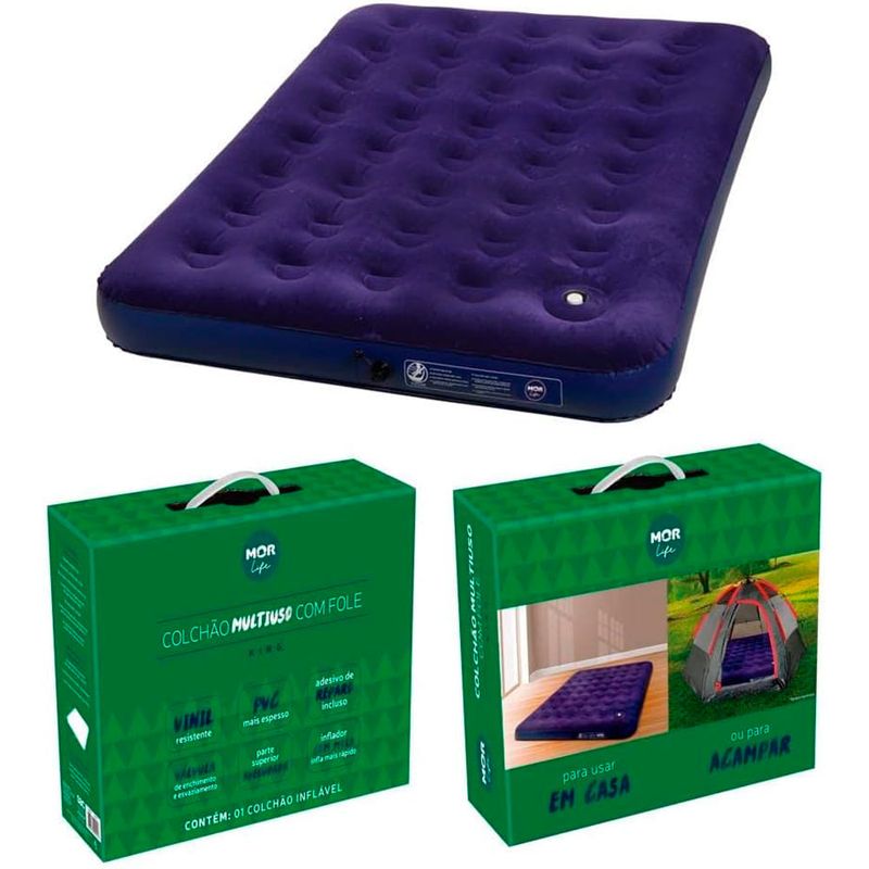 colchão inflável casal mor pvc vinil com inflador manual azul - 3566/9072