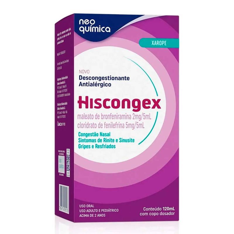 hiscongex maleato de bronfeniramina 2mg/5ml + cloridrato de fenile 5mg/5ml 120ml xarope neo química
