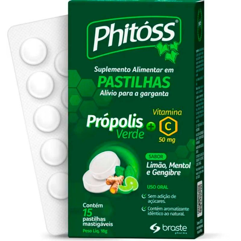 phitoss alívio para garganta vitamina c 50mg 15 pastilhas mastigáveis limão mentol gengibre brasterápica