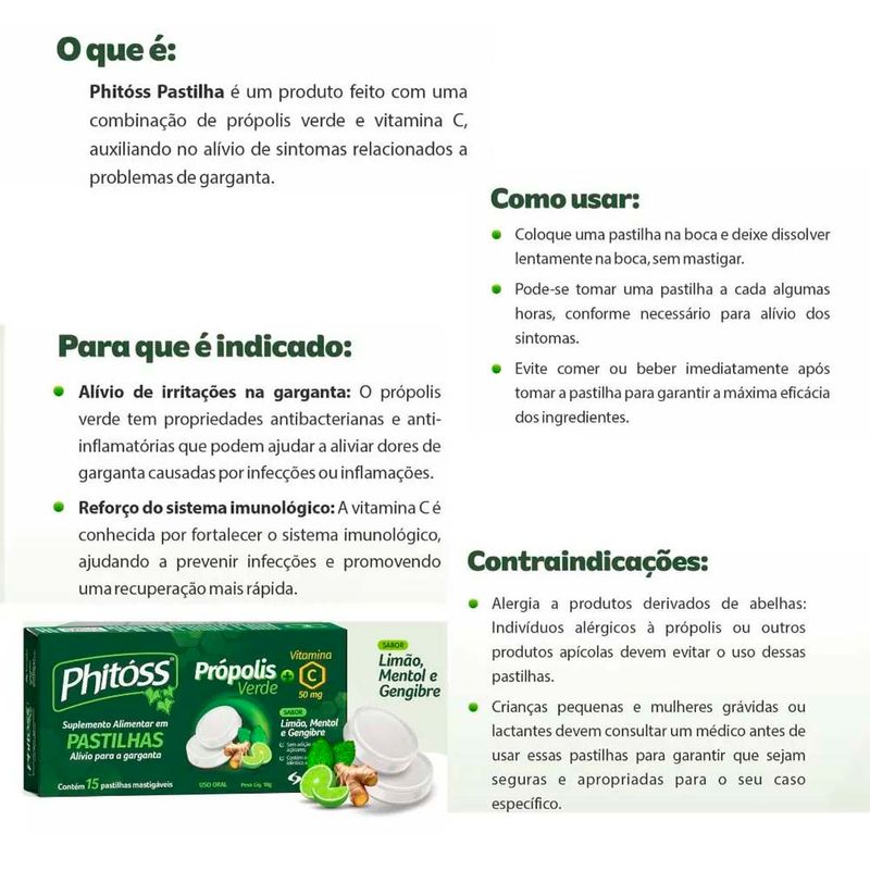 phitoss alívio para garganta vitamina c 50mg 15 pastilhas mastigáveis limão mentol gengibre brasterápica