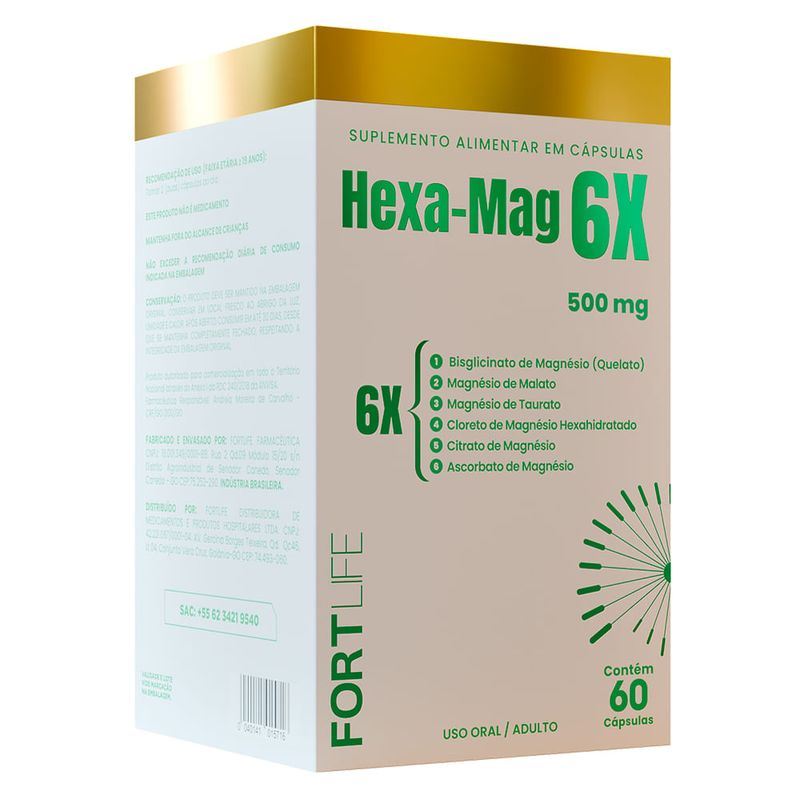 hexa-mag 6x mágnésio 500mg 60 cápsulas fortlife