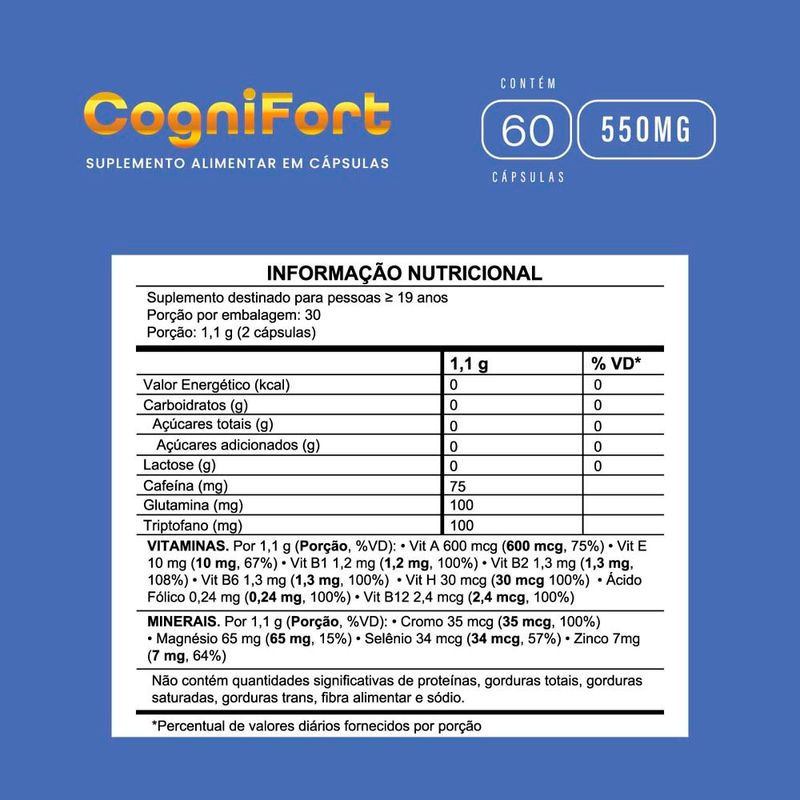 cognifort 550mg 60 cápsulas clareza mental concentração e memória fortlife