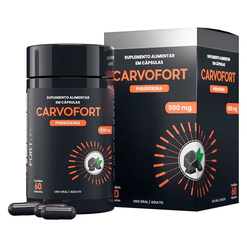 carvofort piridoxina carvão ativado 500mg 60 cápsulas fortlife