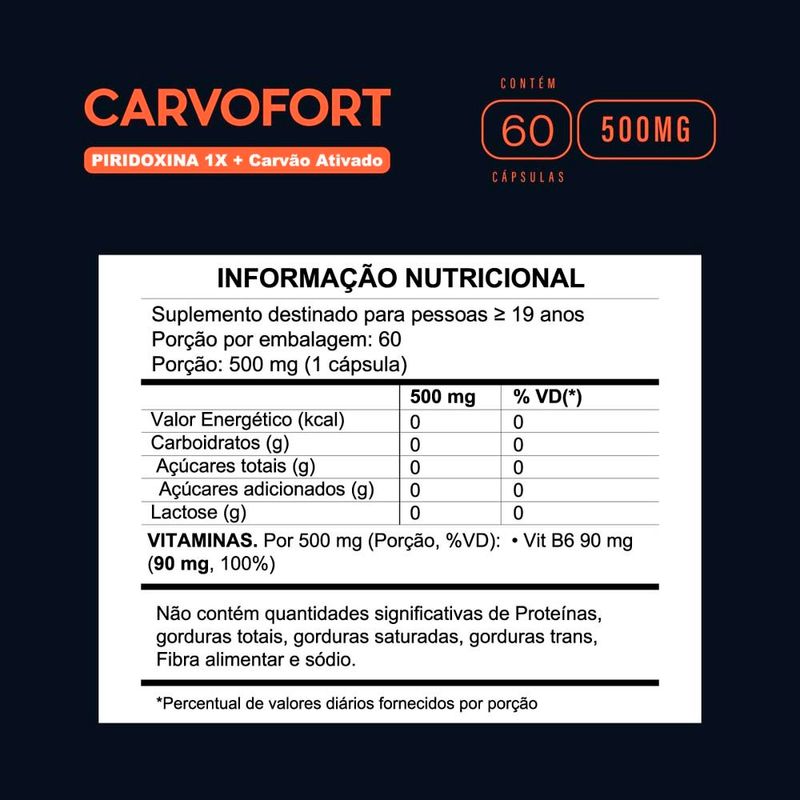 carvofort piridoxina carvão ativado 500mg 60 cápsulas fortlife