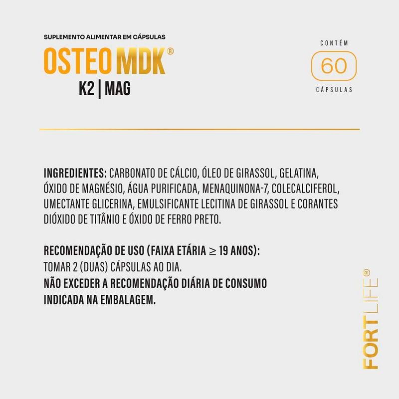 osteo mdk 60 cápsulas cálcio magnésio vitamina d3 e k2 fortlife