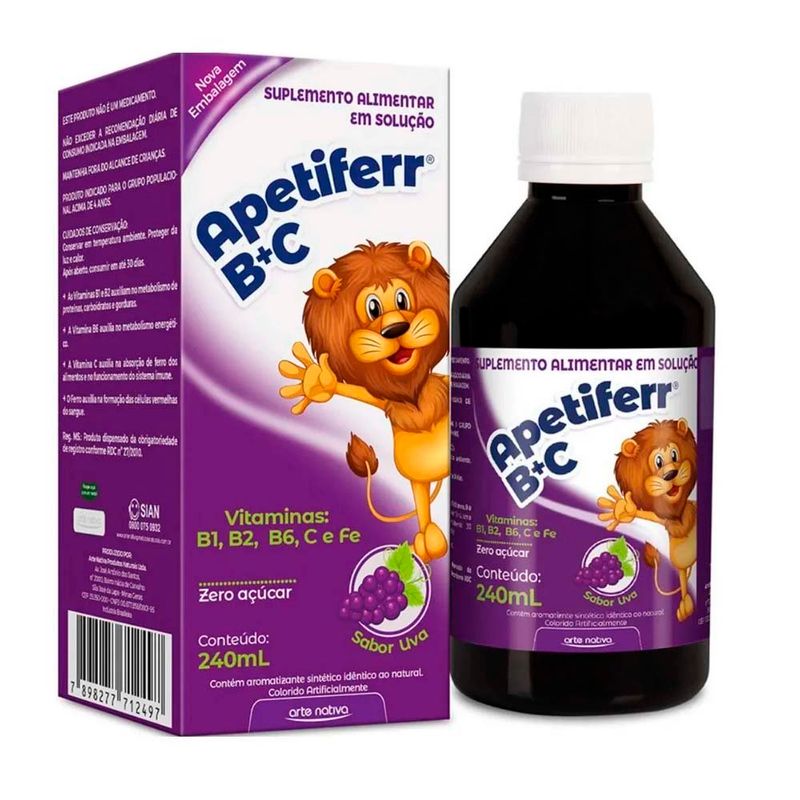 apetiferr b+c suplemento vitamínico e mineral em solução sabor uva arte nativa