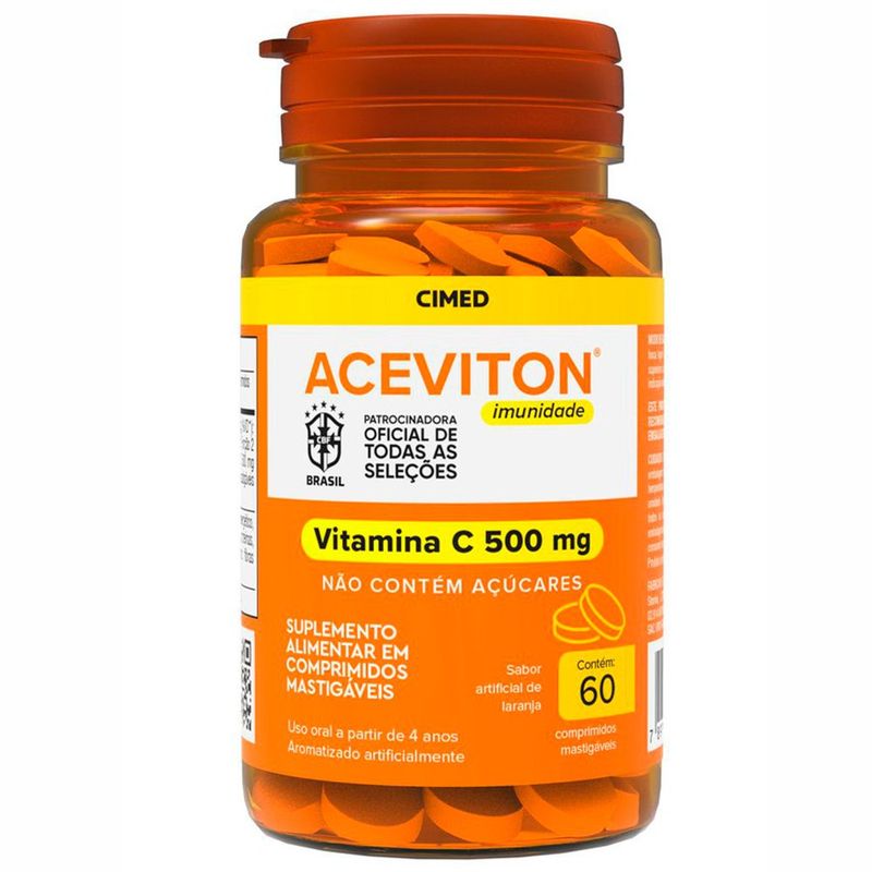 aceviton vitamina c 500mg imunidade 60 comprimidos mastigáveis sabor laranja cimed