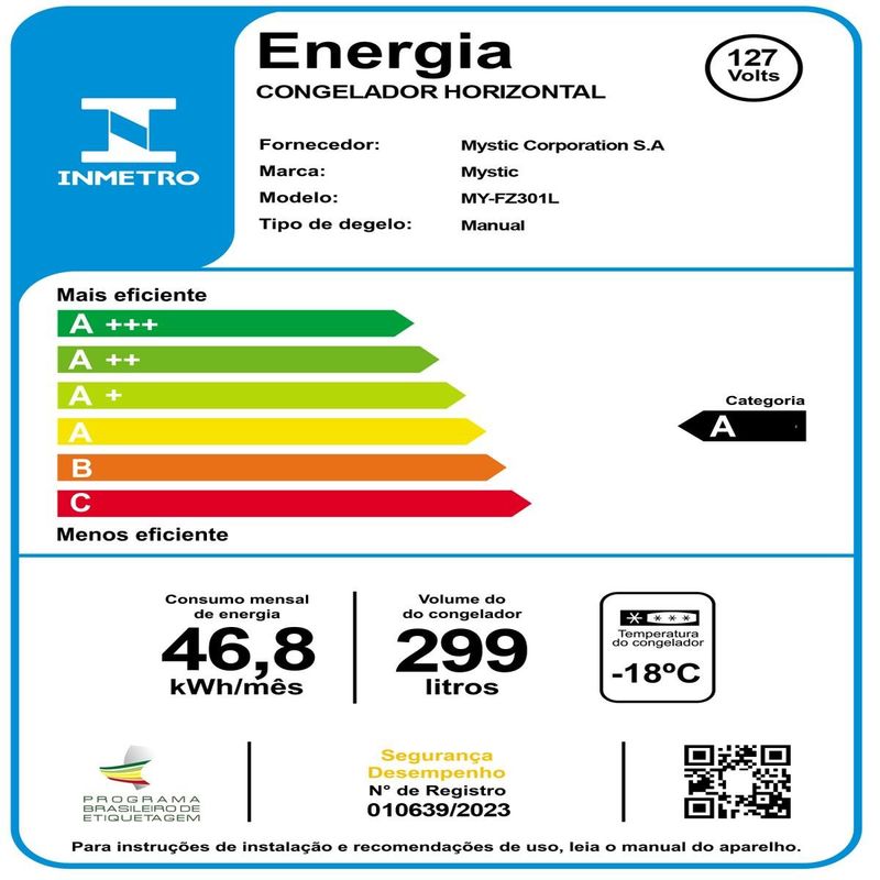 freezer horizontal mystic 299 litros com luz led na porta my-fz301l (mp)
