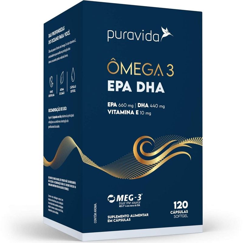 ômega 3 epa dha com vitamina e puravida 12 cápsulas